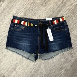 Rue21 Womens Mid Rise Denim Shorts Dark Wash Frayed Hem Striped Belt Size 13 NWT